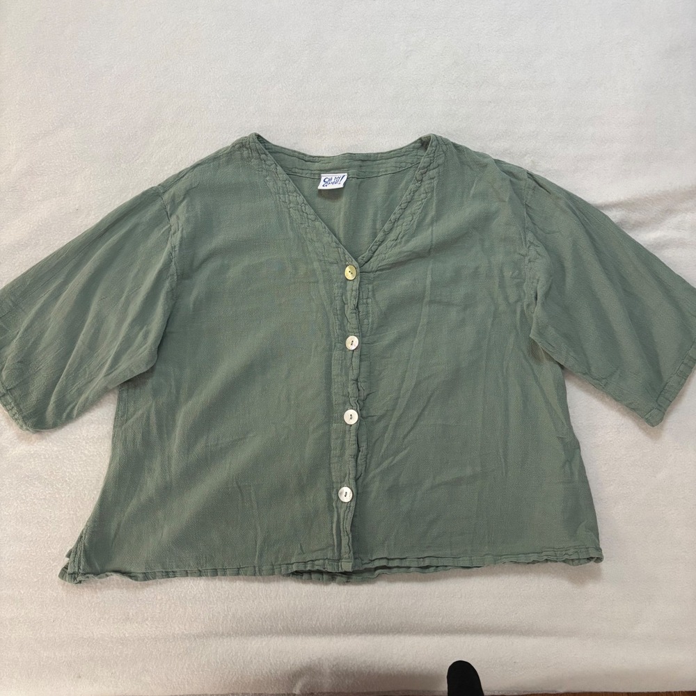 Oh My Gauze! Green Cotton Gauze Button Front V-Neck Boxy Top One Size